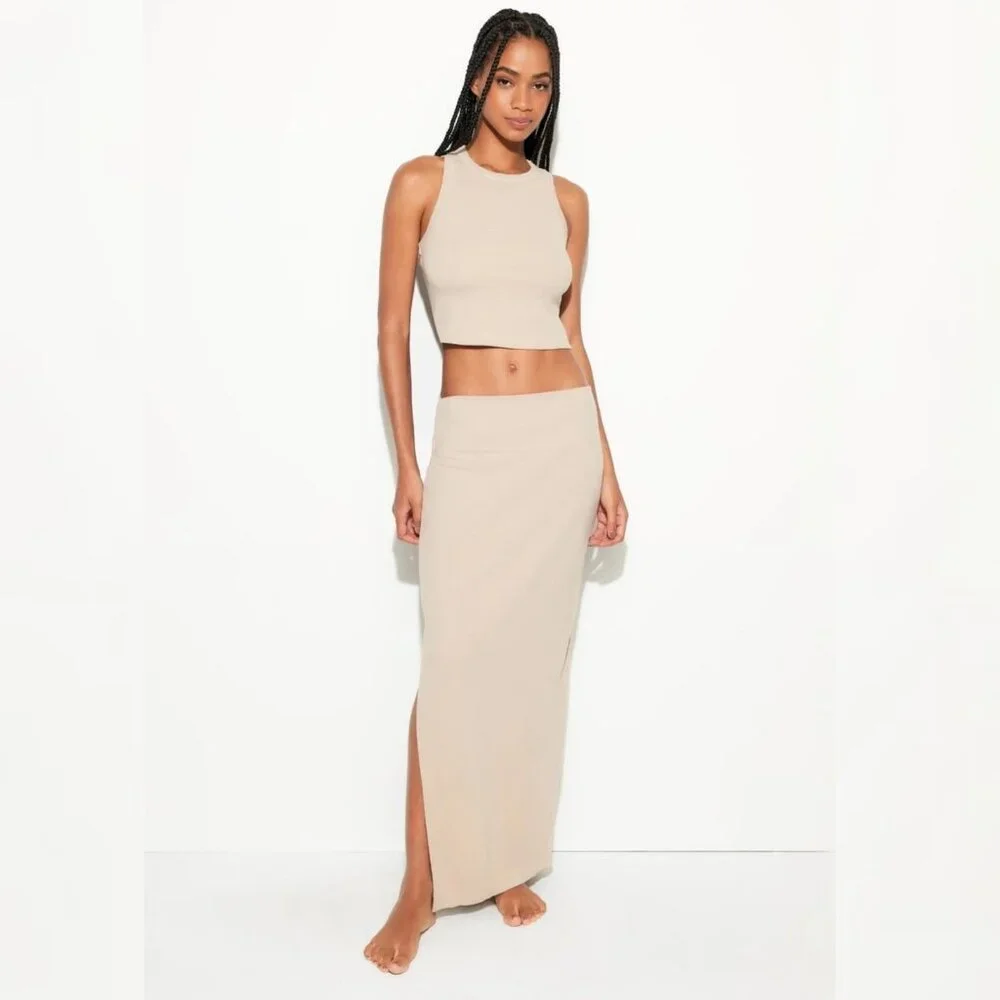 New Spiritual Gangster - L Raquel‎ Rib Maxi Slit Skirt Tan/Palo Santo $128